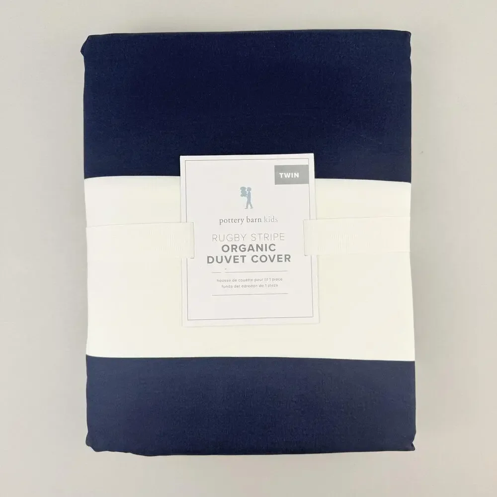 Pottery Barn Kids Rugby Stripe Organic Duvet Cover TWIN Navy Blue White NEW